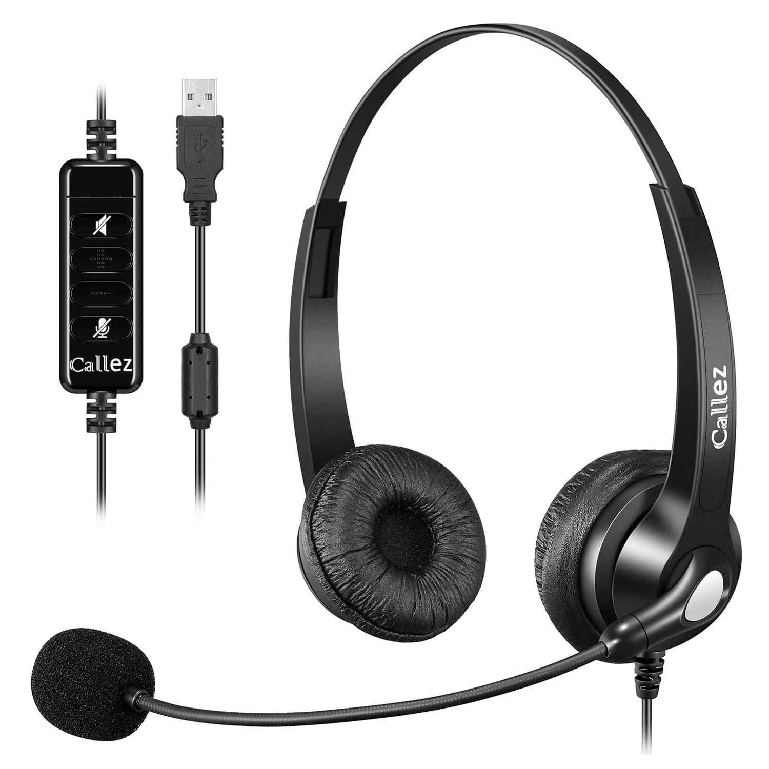Callez USB Headset with Microphone for Laptop, Adjustable Noise Cancelling Computer Headsets, 2M Length PC Headphones with In-Line Controls for Skype Zoom Home Office Business MS Teams