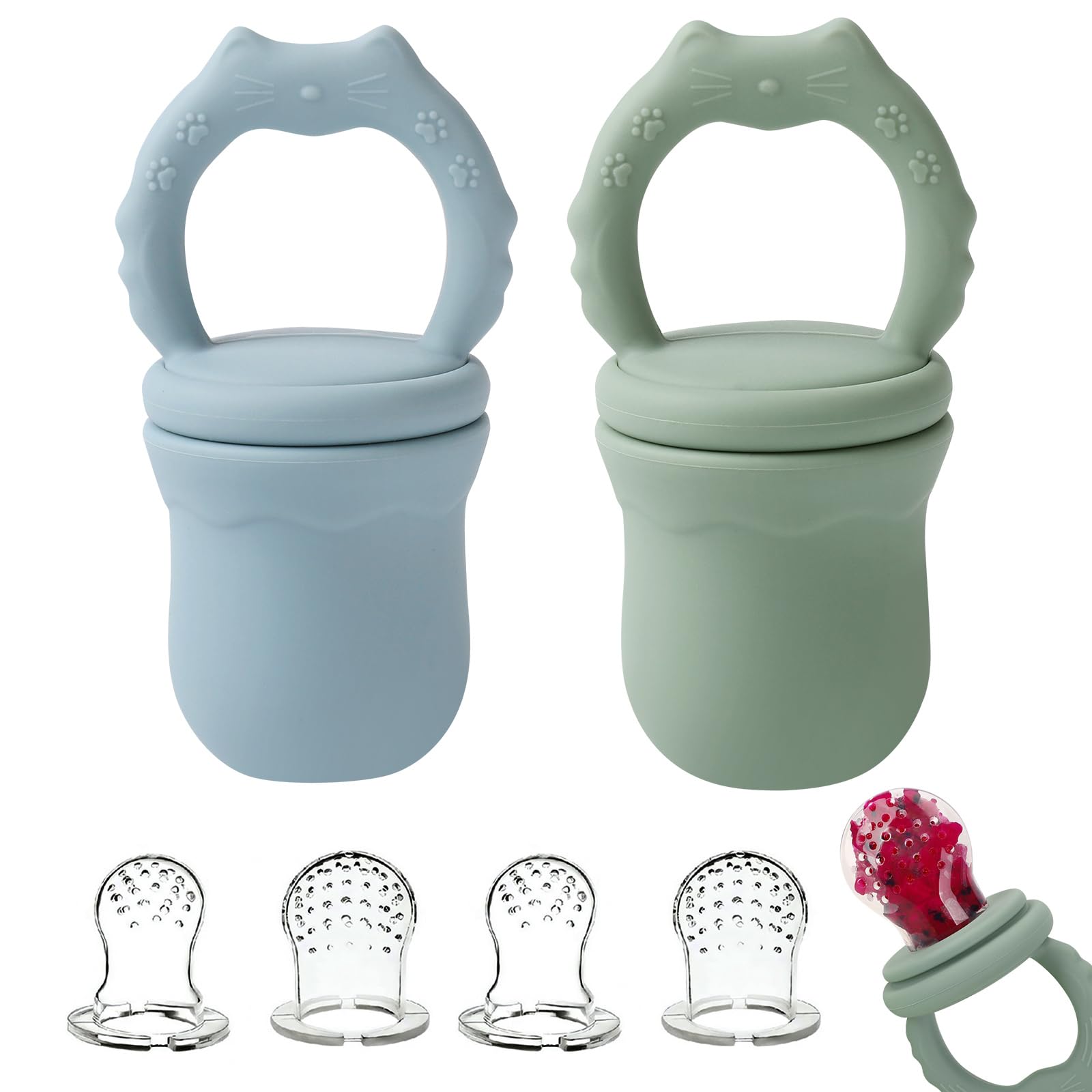 Photo 1 of Socub 2 Pack Silicone Baby Fresh Fruit Food Feeder Pacifier with 3 Different Size Silicone Pouch for Teething Relief, Baby Frozen Feeder Teether Toy for 3, 6-12 Months, BPA Free (Sage, Ether)