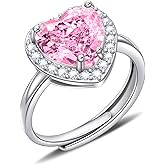 HMOOY Heart Shaped Birthstone Rings for Women, Crystal Diamond Halo Open Bands Cubic Zirconia Rings Adjustable Wedding Band Engagement Ring Promise Rings for Her Anniversary Wedding Gifts