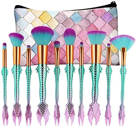 AprFairy Mermaid Makeup Brushes Set 10pcs with Pink Plaid Makeup Bag
