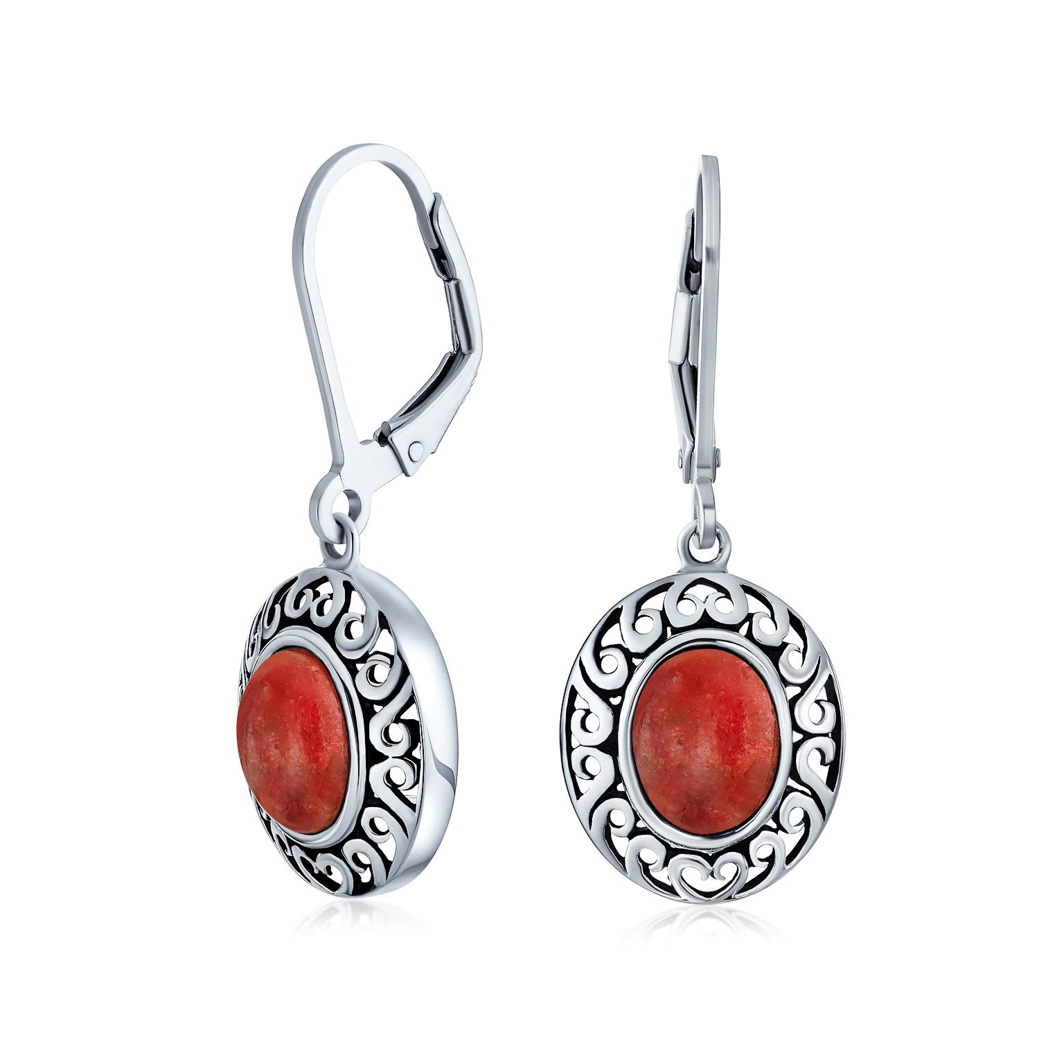 Natural Red Coral Dome Oval Western Style Bezel Set Lever Back Dangle Earrings For Women .925 Sterling Silver