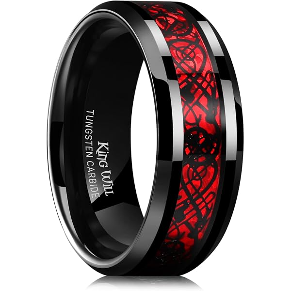 TUNGSTORY Norse Viking Rune Ring For Men - 8mm Tungsten Carbide Wedding Band With Wood/Carbon Fiber Inlay, Comfort Fit