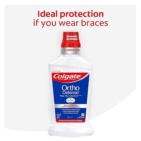 COLGATE ORTHO DEFENSE PHOS-FLUR ANTICAVITY MOUTHWASH, ALCOHOL FREE MOUTHWASH FOR BRACES, MADE WITH FLUORIDE AND PHOSPHATE TO REDUCE WHITE SPOTS AND HELP PREVENT CAVITIES, MINT, 16.9 FL OZ BOTTLE
