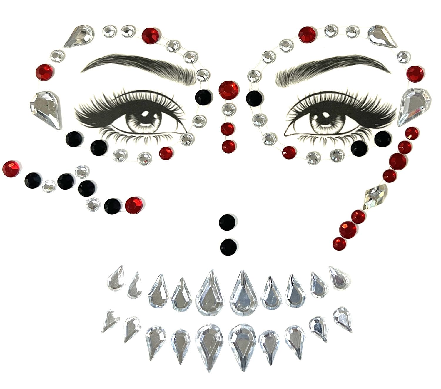 Day of the Dead Face Jewels, Day of the Dead Makeup Face Stickers Gems Crystals, Halloween Costume Festival Make up Kit Tattoo for Women Men (1Piece, Red and Black B)