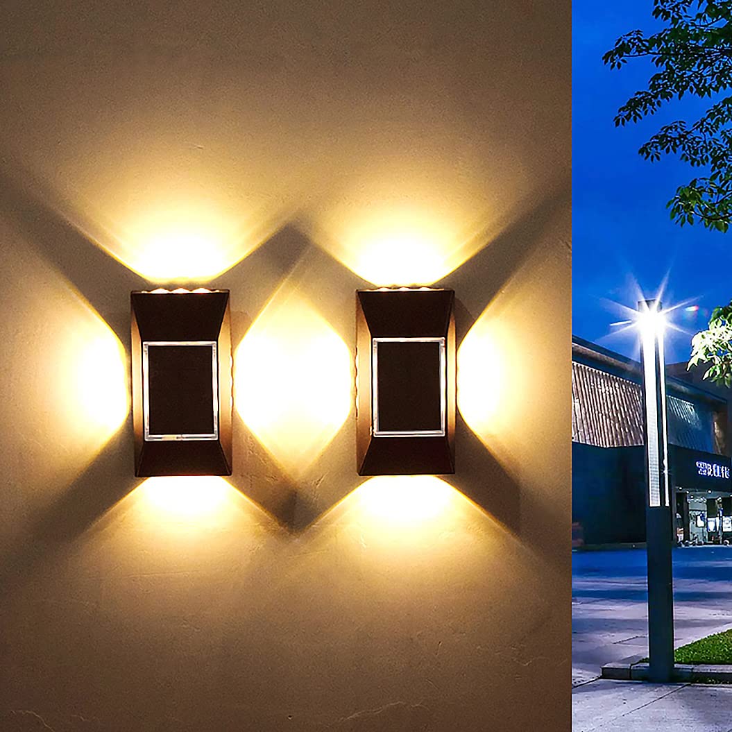 Sunboia Outdoor Wall Lights, 2 Pack Solar Lights Outdoor Garden,IP65 Waterproof,12 LED Up and Down Wall Lights,Solar Fence Lights for Patio Pathway Step Landscape Yard Decor-Warm White