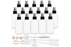 STARSIDE 16 Pack 120 ml 4oz Clear Glass Spray Bottles with Fine Mist Sprayer & Dust Cap for Essential Oils, Perfumes,Cleaning Products.Included 1 Brush,2 Funnels,2 Droppers & 18 Labels.