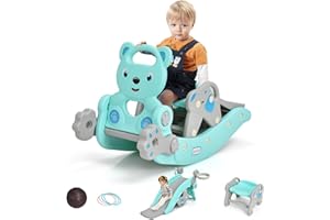 GLACER 5 in 1 Toddler Slide Rocking Toy, Rocking Horse Playset with Slide, Basketball Hoop, Ring Toss Game, Stool & Inflatable Basketball, Convertible Climber Playground for Indoors Outdoors (Green)