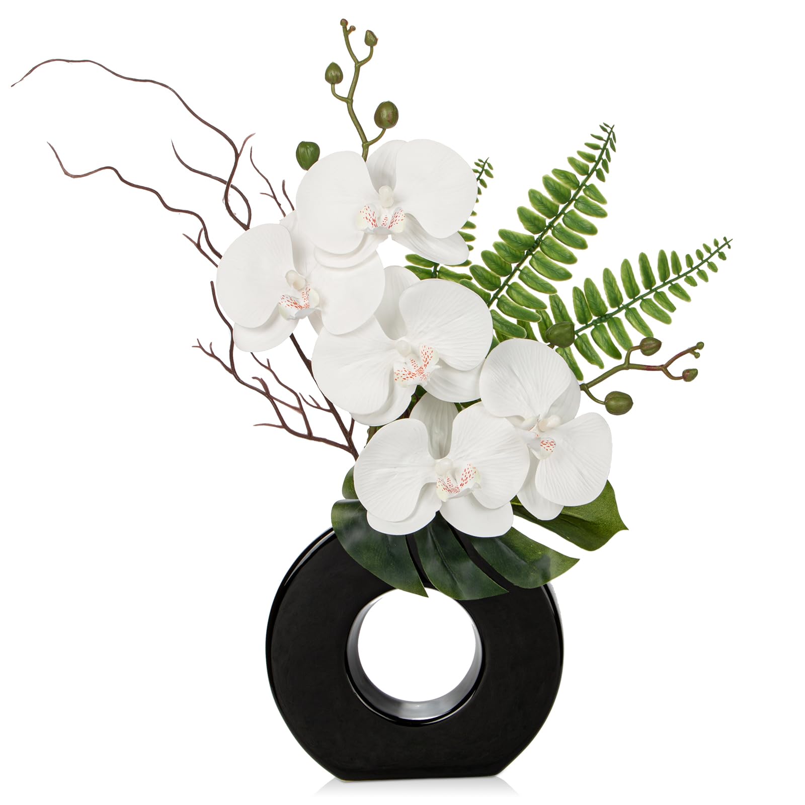Photo 1 of Briful Orchid Fake Flowers 16.1'' White Artificial Orchid Silk Flowers in Black Pot Faux Orchid Arrangement for Home Office Desk Modern Decoration