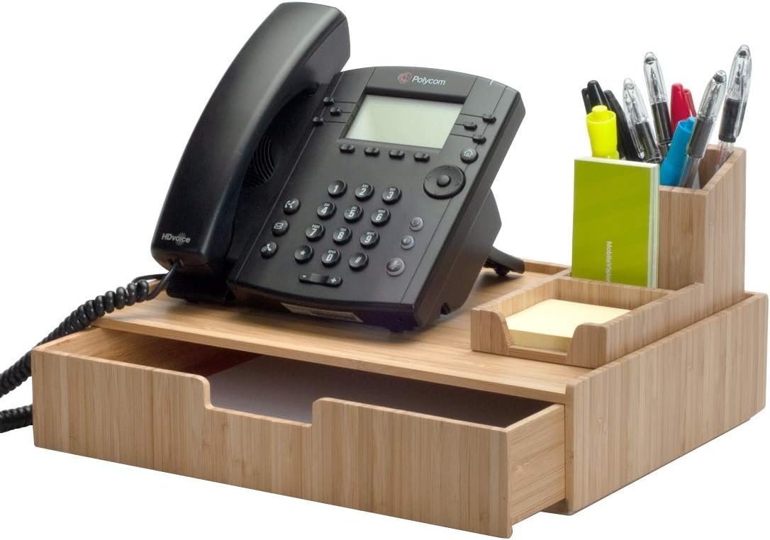 Bamboo Telephone Stand with Drawer & Pencil Holder Storage Solution for Office Products pens, Pencils, Scissors, notepads, Business Cards and More : Office Products