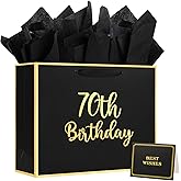 BeiLaad Black Gold 70th Birthday Gift Bag with Tissue Paper and Greeting Card, 70th Birthday Gift Wrapping Paper Bag for Men Women Party Supplies