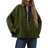 Yousify Womens Cropped Wool Blend Pea Coat Casual V Neck Button Down Short Jackets Fall Shackts with Pockets