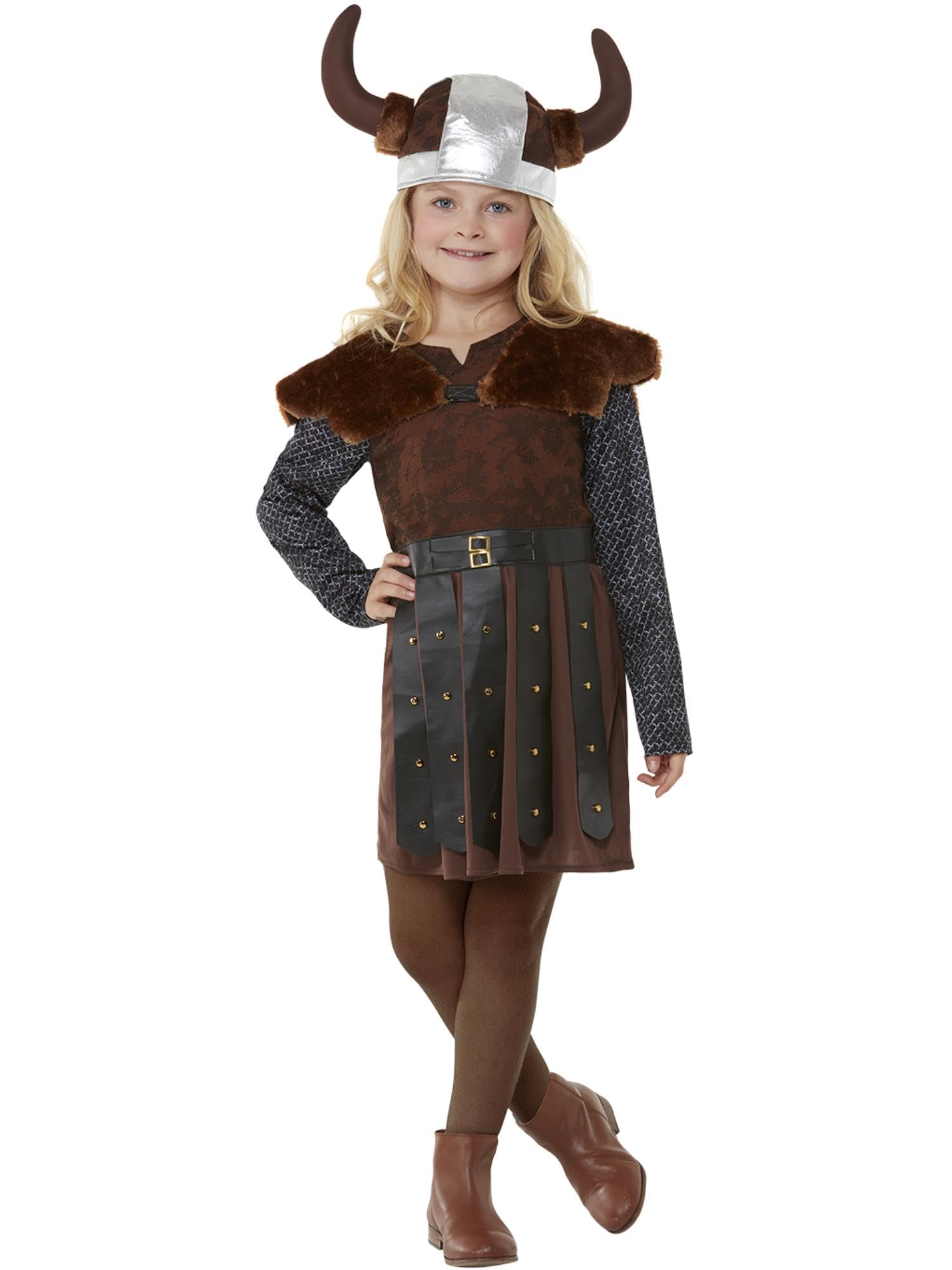 Smiffys Viking Princess Costume, Brown Dress, Capelet & Hat, Girls Fancy Dress, Viking Dress Up Costumes
