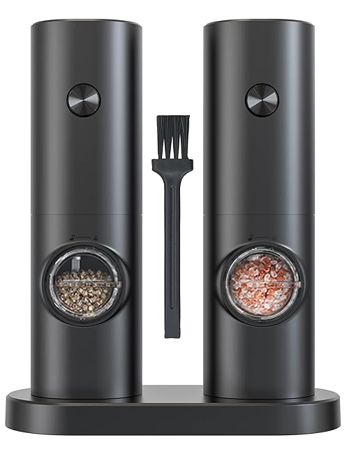 IraXpro Electric Salt and Pepper Grinder Set with Battery Powered,LED Light,Storage Base,Ceramic Grinders with Adjustable Coarseness,Electric Salt and Pepper Mill Set of 2 Pack (Black-Battery)