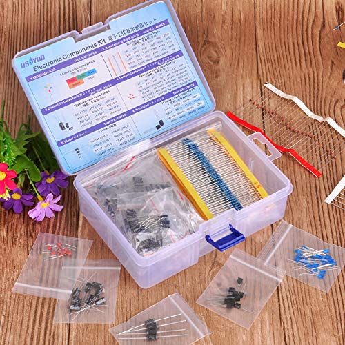 OSOYOO Electronic Component Kit (Total 1390 PCS) - LED Diodes, 30 Values Resistors,Electrolytic Capacitor Package, Ceramic Capacitors, Common Diodes, Common Transistor