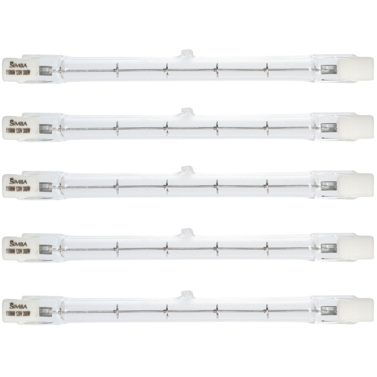 [5 Pack] Simba Lighting Halogen R7S 118mm T3 300W Dimmable 4000lm J Type Linear Double Ended Floodlight Bulb 360&ordm; Beam Angle 120V for Work, Security, Landscape Lights, Floor Lamps, Warm White 2700K