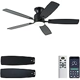 KNUN Ceiling Fans with Lights,52'' Flush Mount Ceiling Fan with Light and Remote/APP Control, 3CCT Dimmable, DC Motor, Low Profile Ceiling Fan for Living Room, Bedroom, Indoor/Outdoor Use(Black)