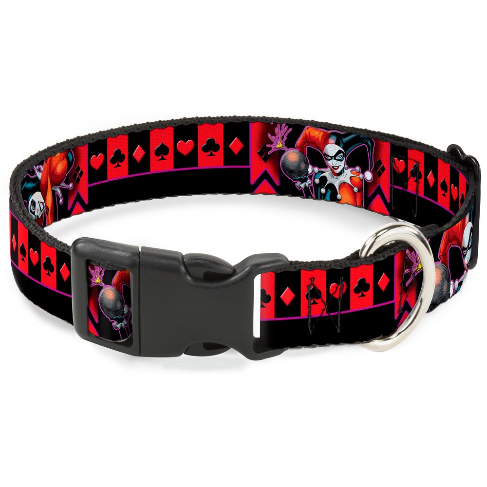 Buckle-Down Harley Quinn Bomb Poses/Suits Black/Purple/Red Plastic Clip Collar, Small/9-15"