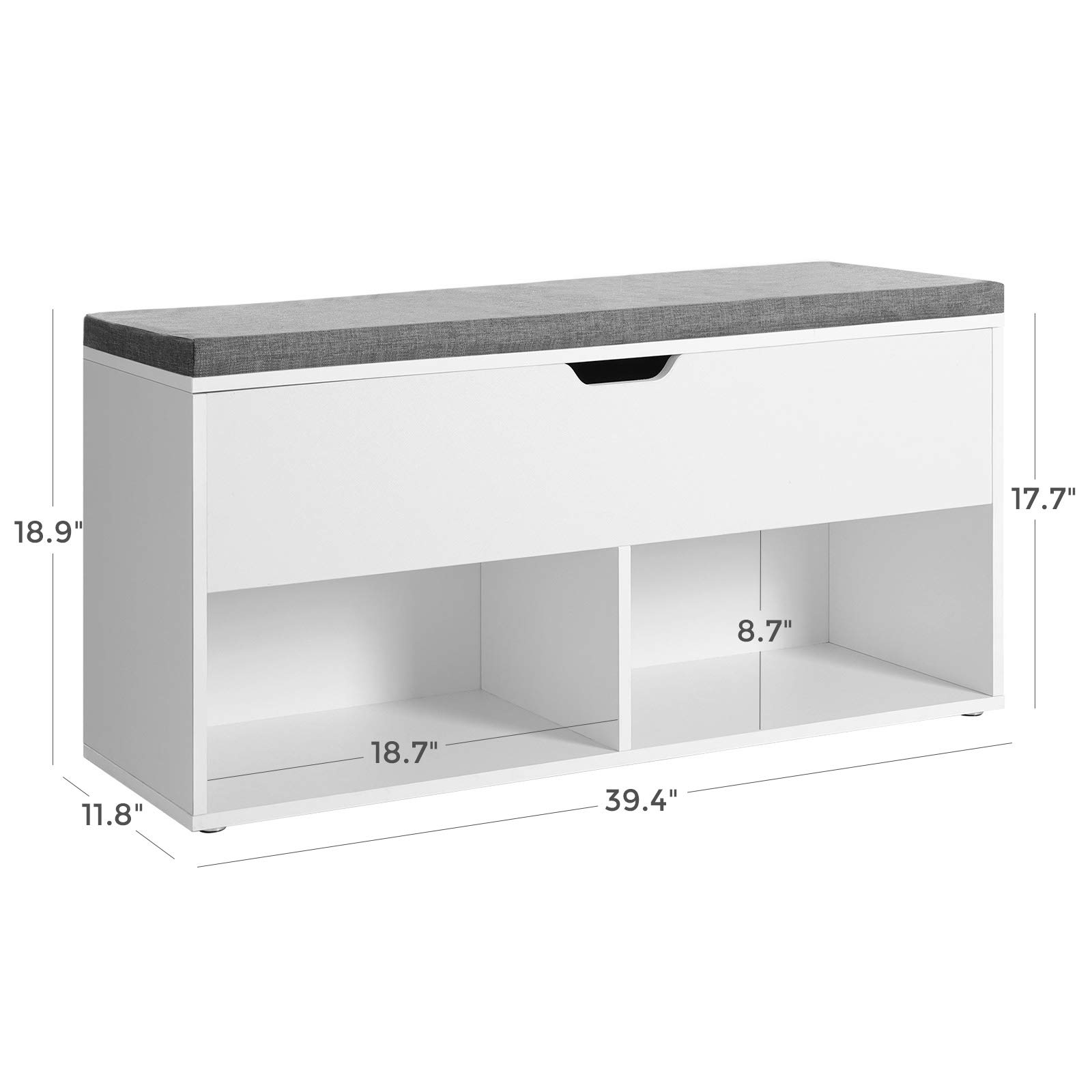 VASAGLE Shoe Bench, Storage Bench with 2 Open and 1 Closed Compartments, Shoe Shelf, Padded Seat, for Entryway, Living Room, Bedroom, White and Gray ULHS21WT