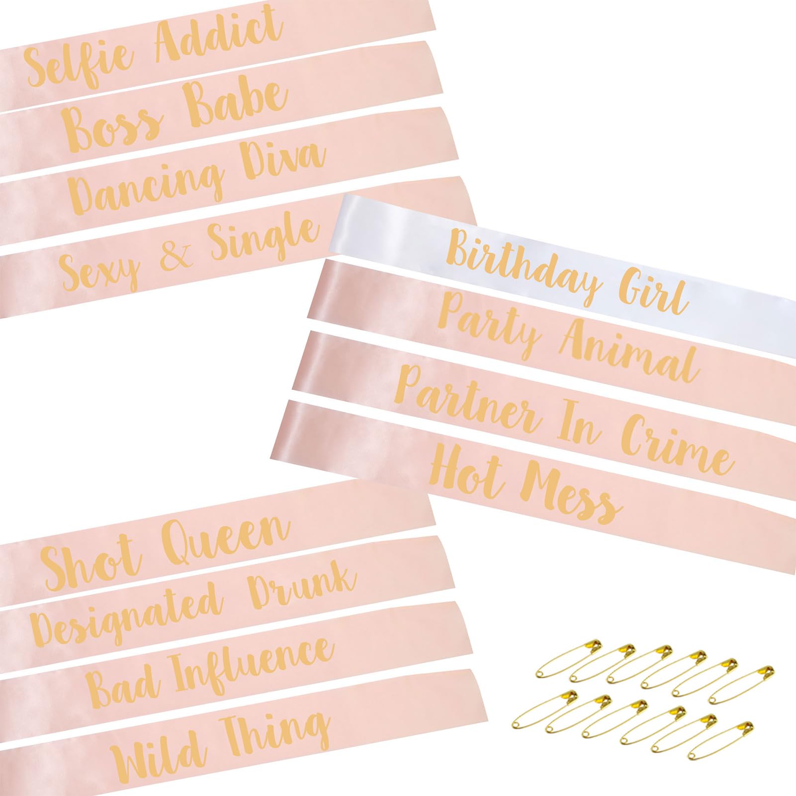 STAY GENT 12Pcs Birthday Sashes for Women and Girls, 1pcs White Birthday Girl Sash & 11pcs Rose Gold Party Sashes for Birthday Gifts Party Favors Accessories