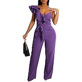 kaimimei Womens Casual Jumpsuits V-Neck Sleeveless Ruffle Backless Belted Wide Leg Pant Sexy Romper Party Clubwear