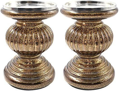 Dolucky Set/2 Lit Candle Holder Pedestal with Timer, Ribbed Mercury Glass Candle Holder with LED inside for Home Decoration - Chocolate