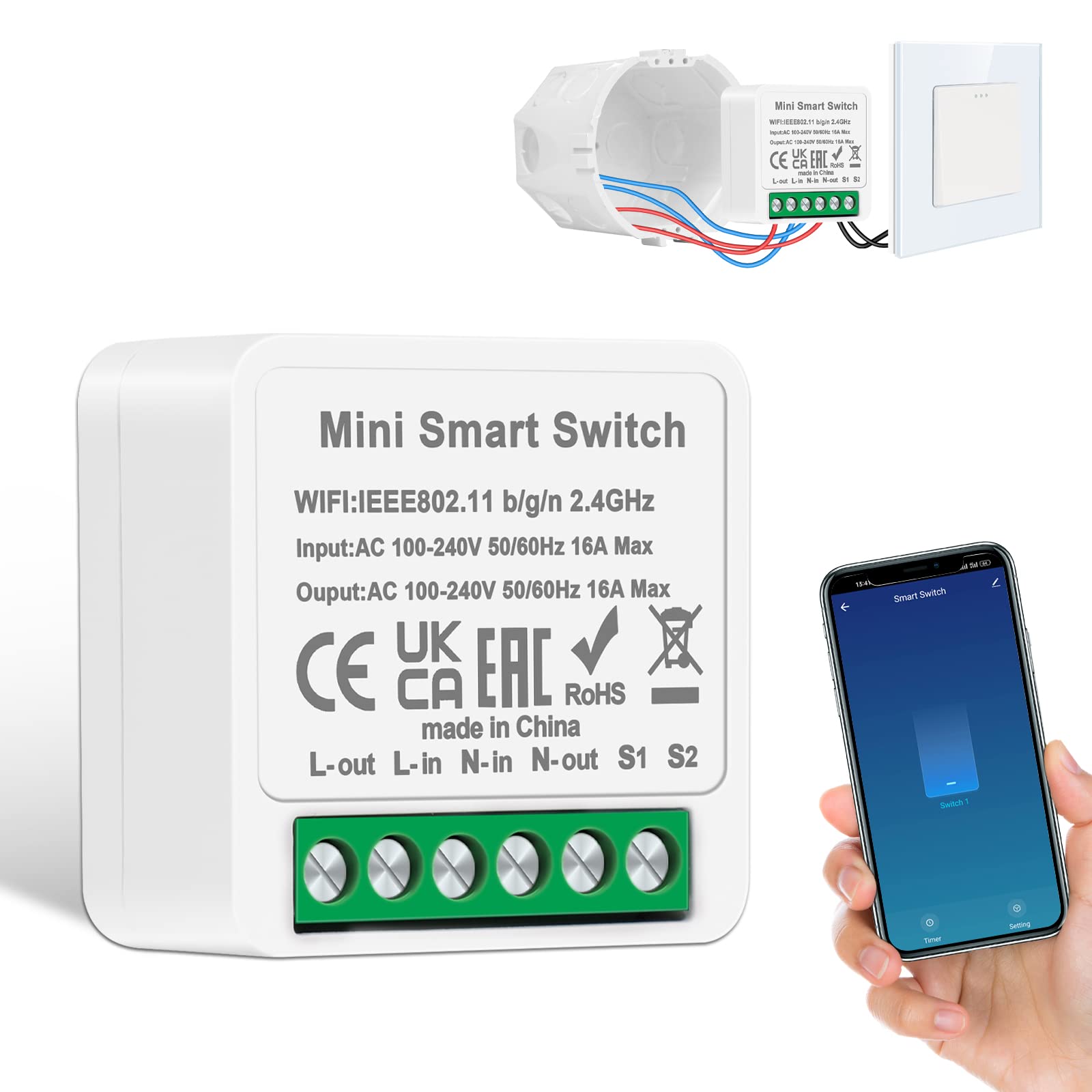 1 Pack CNBINGO WiFi Smart Light Switch, Mini DIY Breaker Module, Compatible with Alexa Echo, Google Assistant, Fits Behind Rocker Wall Switches, Support 1 Way or 2 Way，Need Neutral Wire