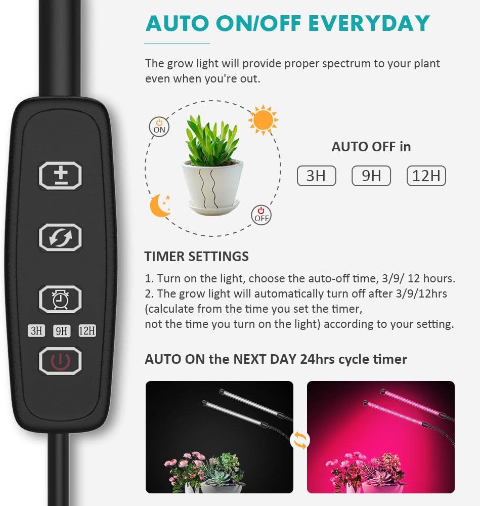 GROSSYLAND LED Grow Light Red Blue Spectrum for Indoor Plants with Timer, 2-Head Plant Growing Lamps with 3 Switch Modes and 6 Levels Dimmable for Succulent Plants, Hydroponic Plants : Garden & Outdoor