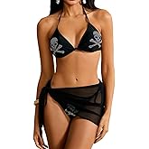 WDIRARA Women's Skull Rhinestone Triangle Halter Tie 3 Piece Metallic Swimsuit and Wrap Skirt