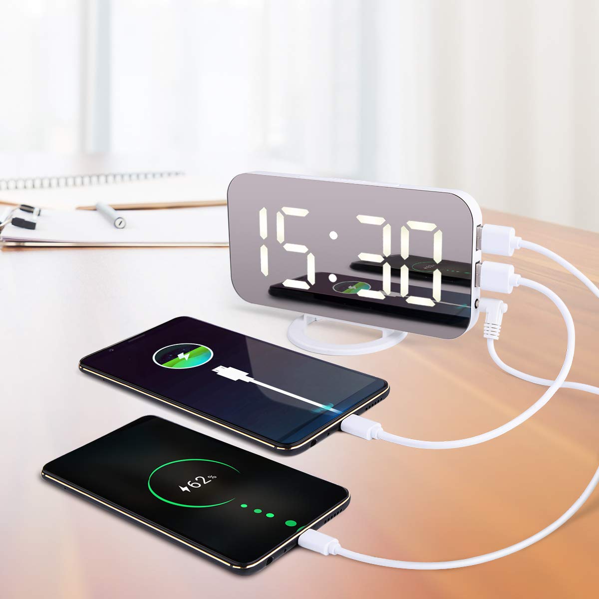 ACTOPP LED Réveil Numérique, Miroir Horlogue de Grand écran avec 3 Luminosités Réglables, Fonction Miroir Snooze et Double Ports USB pour Charger Téléphones