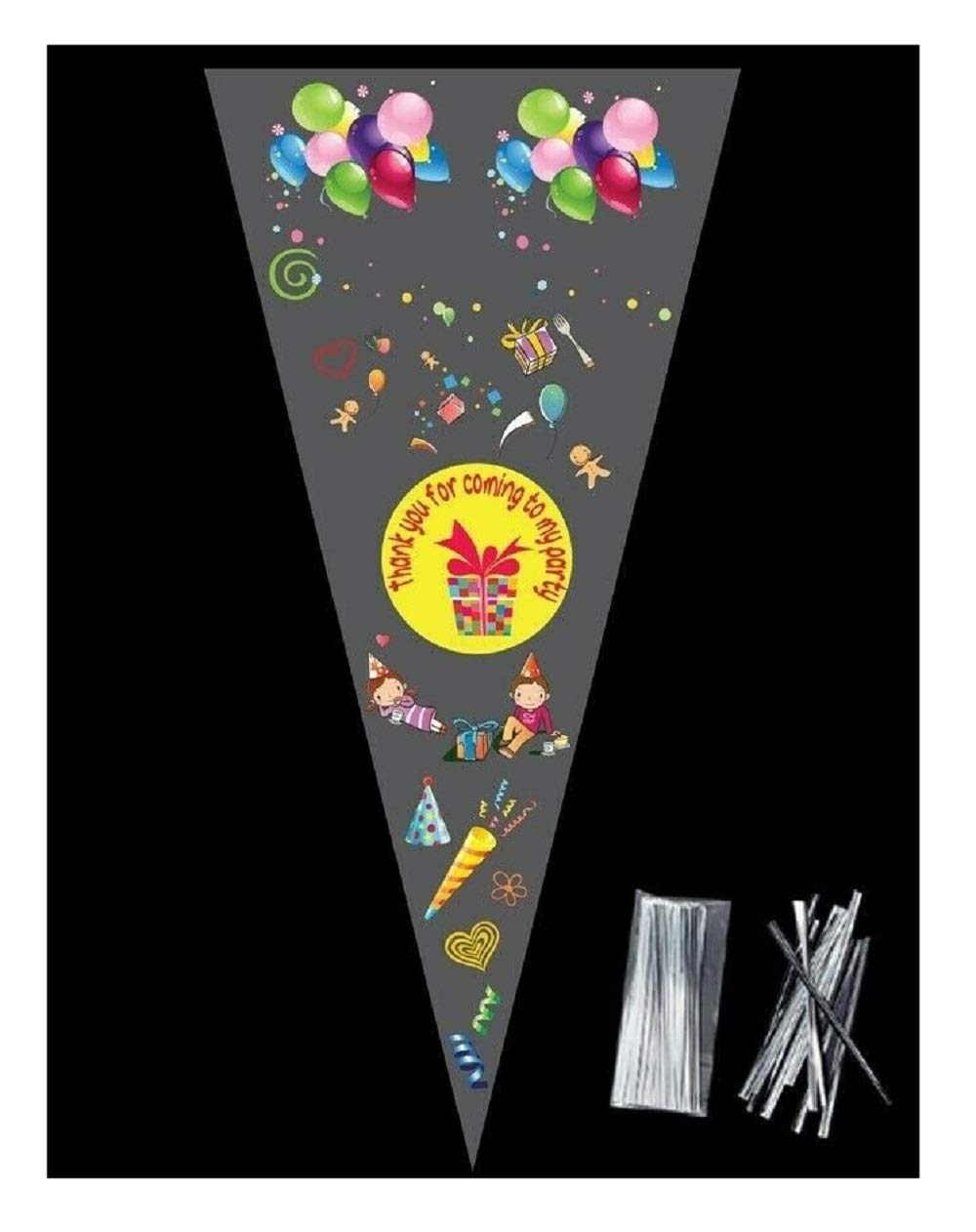 polybagstores PACK OF 50 - YELLOW THANK YOU FOR COMING TO MY PARTY - Unique Cellophane Cone Shape Sweet Party Bags 37cm x 18cm - Over 40 Designs With 4" twist ties