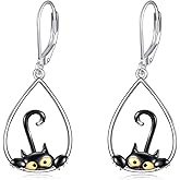Black Cat Drop Dangle Earrings 925 Sterling Silver Lever Back Cat Jewelry for Girls Women Christmas Gifts