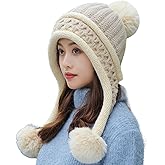 HUAMULAN Women Winter Beanie Hat Earflap Peruvian Warm Slouchy Fleece Lined 3 Pom Poms Knit Sherpa Soft Ski Hats