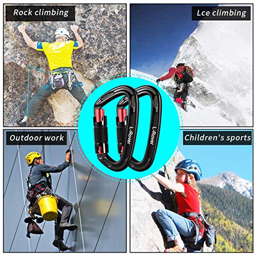 L-Rover Ultra Sturdy Twist Lock Climbing Carabiner Clips, Auto Locking and Heavy Duty Caribeaners, x2/24kN/5400-pound Rating for Hammocks, Rappelling (Auto Locking,24KN,Black/Red) - Thumbnail 4