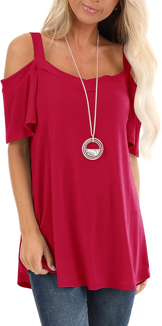 Dbtanjy Women's Short Sleeve Cold Shoulder Tops Casual Blouses Shirt