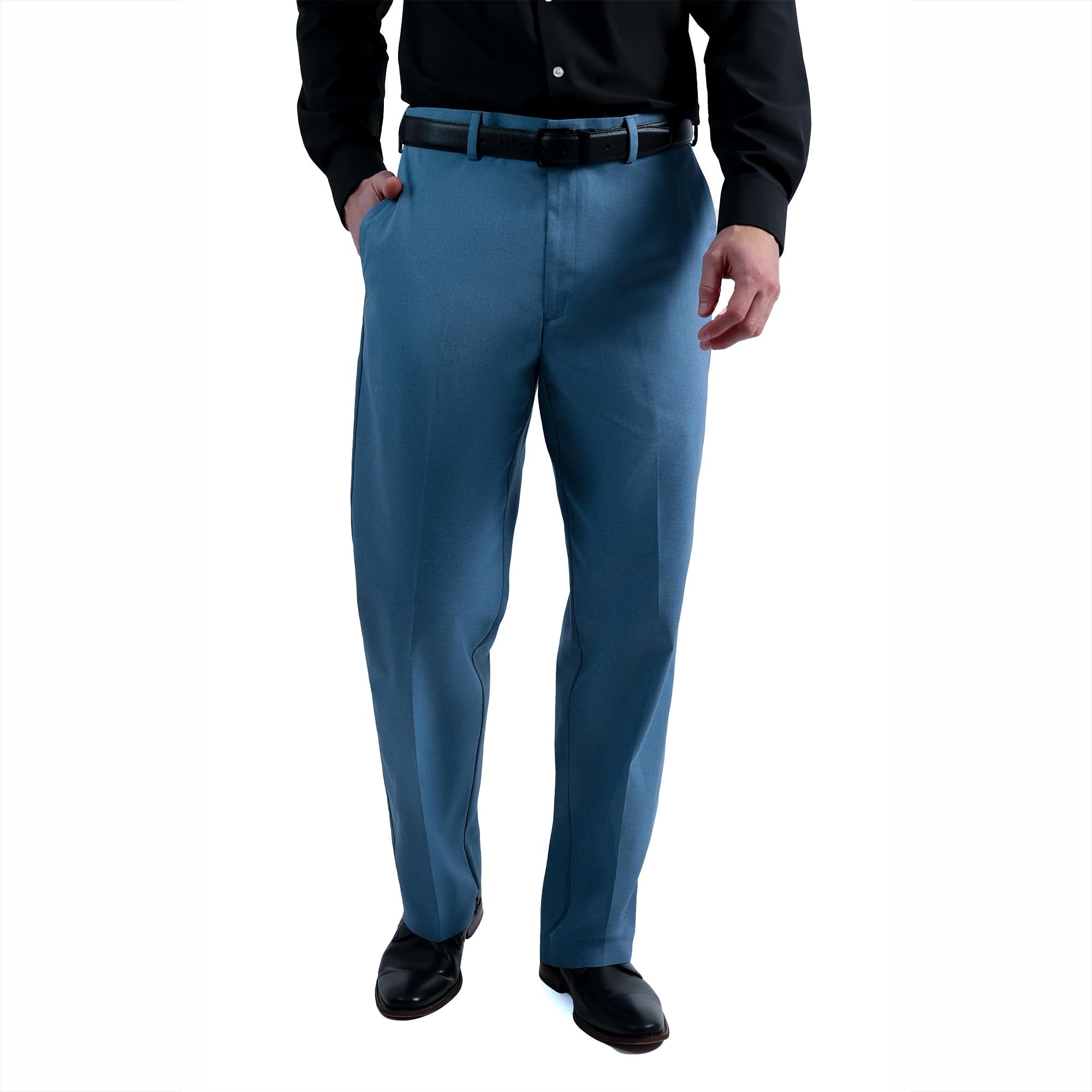 Haggar Men's Cool Right Performance Flex Solid Classic Fit Flat Front Pant, Slate Blue Image Haggar Men's Cool Right Performance Flex Solid Classic Fit Flat Front Pant, Slate Blue Image