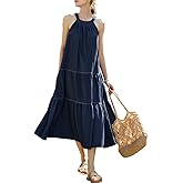 EVAZOU Women's Blue Long Dress, Summer Denim Halter Neck Sleeveless Beach Vacation Casual Mid Dress