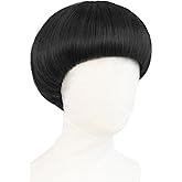 IMEYLE Short Black Cosplay Wig with Bangs Straight Mushroom Wigs for Men 60s Bowl Cut Wig Men Funny Wigs for Anime Movie Halloween Costume Party + Hair Cap