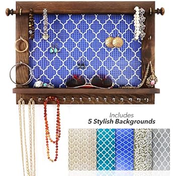 Bdot Hanging Jewelry Organizer Wall Mounted - Rustic Wooden Jewelry Hanger, Bracelet Earring Holder, Wall Necklace Storage Organizer