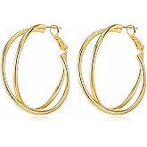 Gold Hoop Earrings for Women 18K Gold Plated - 40mm & 50mm Sizes, Double Layer/Twisted Styles, Hypoallergenic 925 Sterling Silver Posts, Lightweight Trendy Jewelry Gift