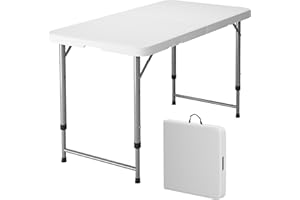 HYLZVN Folding Table 4-Foot Portable Patio Table Outdoor Table,Adjustable Height Folding Table with Carrying Handle for Indoo