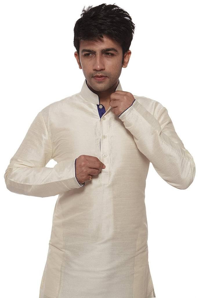 larwa men's silk kurta pyjama set (kurtanavyblue/redpyjamipipingprnt)