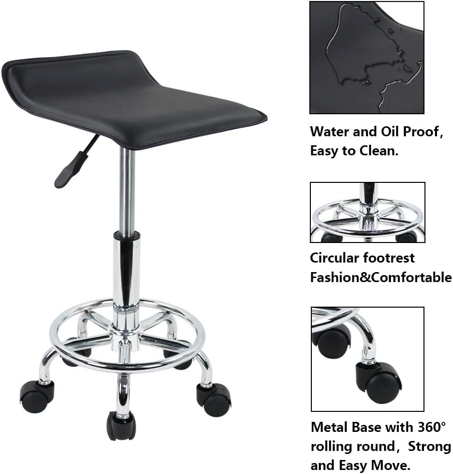 KKTONER Square Height Adjustable Rolling Stool with Foot Rest PU Leather Seat Cushion Medical Spa Drafting Salon Tattoo Work Swivel Office Stools Task Chair Small (Black): Kitchen & Dining