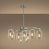 CNRATYE 9-Light Brushed Nickel Glass Chandelier, Adjustable Height Hanging Industrial Dining Room Chandelier Over Table, Mode