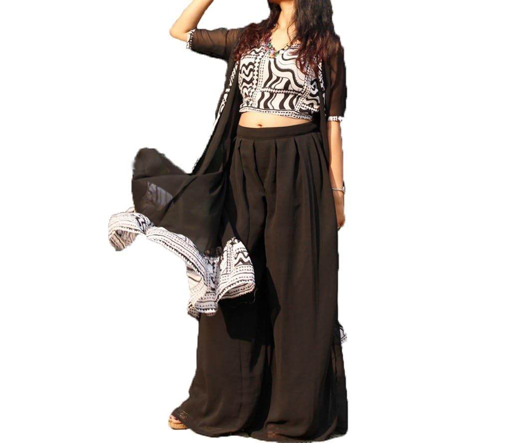 Mannka By Manali Black White Crop Top With Palazzo And Shrug