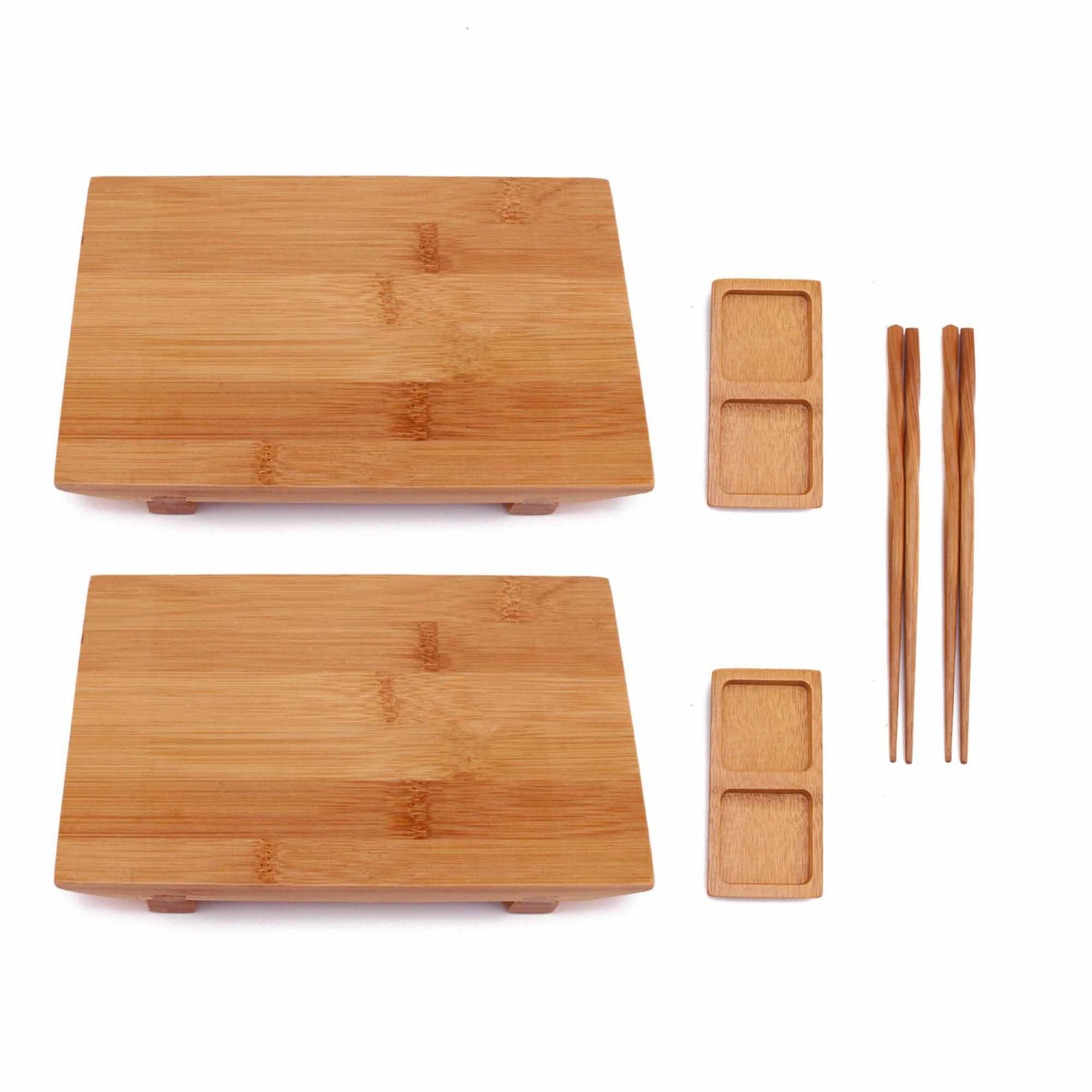 BambooMN Bamboo Sushi Plate/Tray, Chopsticks and Compartment Sauce Dish, 11.5" Rectangle - 2 Sets
