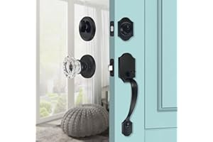 newliplace Black Front Door Lock Set with Single Cylinder Deadbolt and Crystal Glass Knob, Entry Front Door Handle Reversible for Left & Right Handed Door, Matte Black Finish