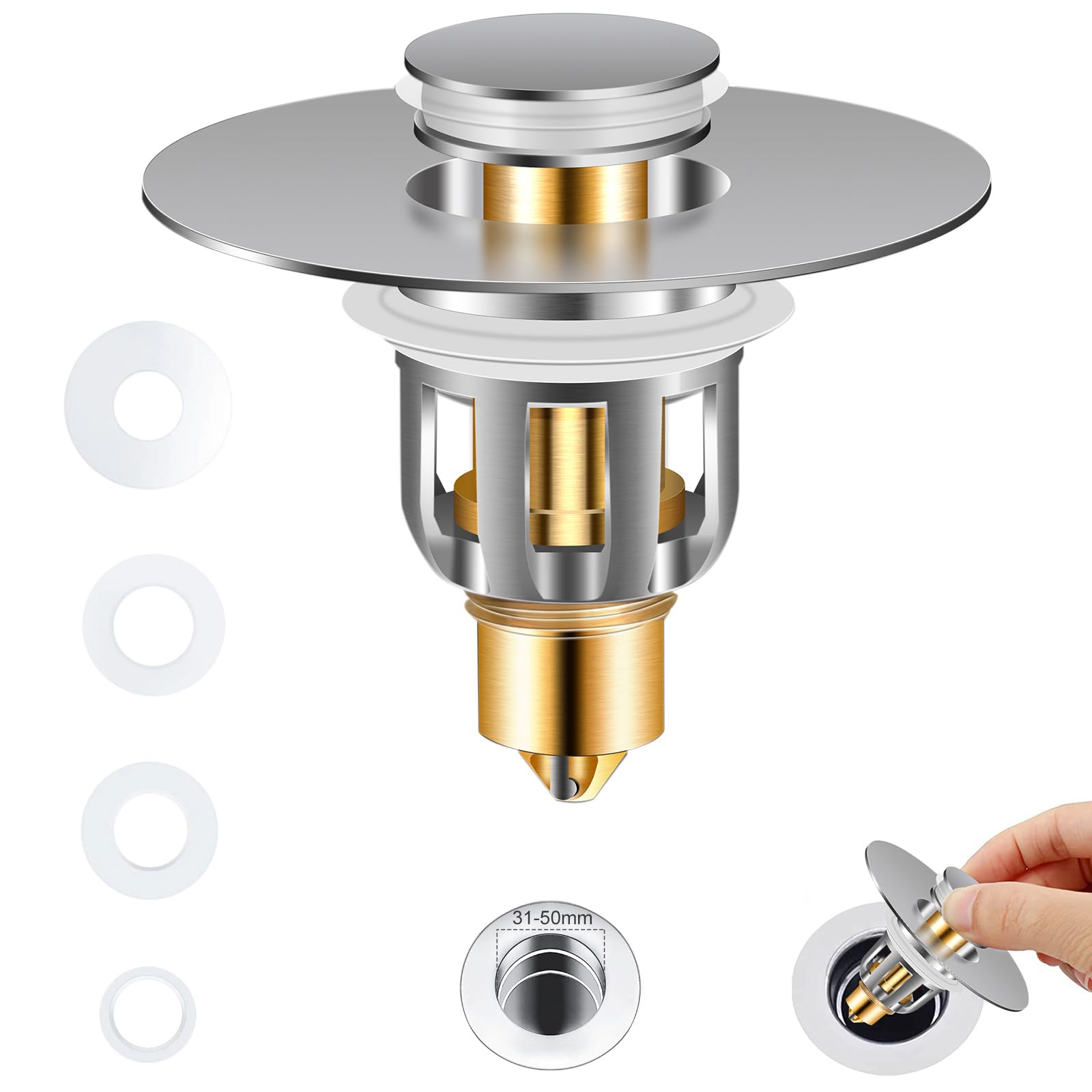 Pop Up Sink Plug Bathroom Sink Stopper Universal 31-50mm Cadrim Pop Up Bath Plug Basin Push Type Anti-Clogging Kitchen Sink Stopper Bathtub Stopper Tub Bullet Core 4 Gaskets Stainless Steel + Brass
