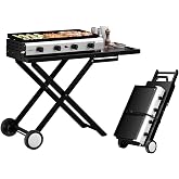ROVSUN 4 Burner Foldable Propane Griddle with Wheels &amp; Enameled Tray, 40000 BTU Portable Flat Top Gas Grill with Electronic Ignition &amp; Regulator for Outdoor Cooking Camping BBQ Tailgating Picnicking
