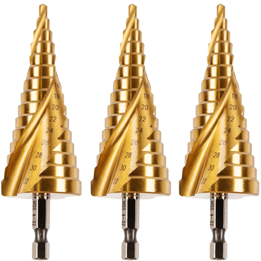 3 Pack - 4mm to 32mm Spiral Flute Step Drill Bits High Speed Steel Titanium Coated, Metric Hex Shank, HSS Tool Set for DIY Plastic Wood Steel Metal Aluminum. Cone Cutter Hole Cutter Drill Bits — image 1