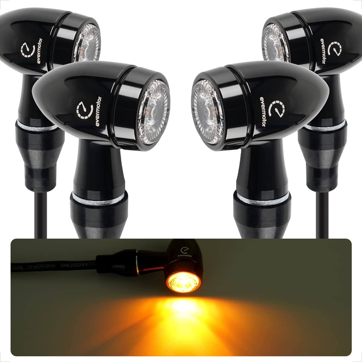 Evermotor バイク LED ウインカー CNC プロセス、熏黒色の塗装とアルミニウム合金、砲弾型、EU認証Eマーク、防水レベルIP67 (CNC、黄色、4個) の商品画像